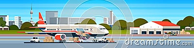 Transport airplane express delivery preparing flight aircraft airport air cargo international transportation concept Vector Illustration