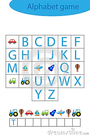 Transport alphabet game for children, make a word, preschool worksheet activity for kids, educational spelling scramble Vector Illustration