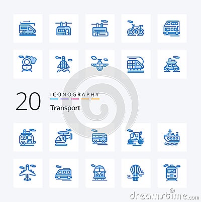 20 Transport Blue Color icon Pack like transport bicycle train travel tramway Vector Illustration