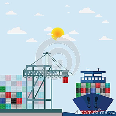 Transport cargo sea ship loading containers by harbor crane in shipping port vector illustration Vector Illustration
