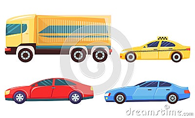 Transport in City, Car and Lorry Delivery Taxi Vector Illustration