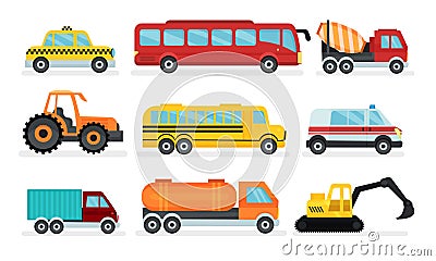 Transport Collection, Taxi Car, Bus, Cement Truck, Tractor, Ambulance, Lorry, Bulldozer Vector Illustration Vector Illustration