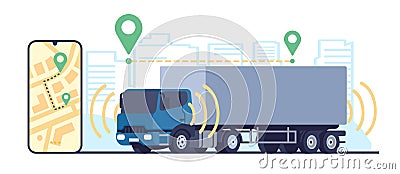 Transport of future. Truck moves on road without driver. Driverless lorry. Car automative driving. City route control Vector Illustration