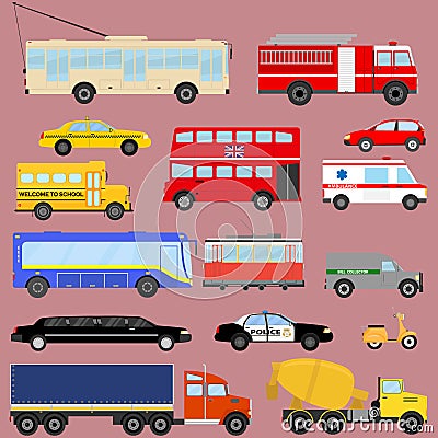 Transport, public transportation, cars, trucks. Cartoon Illustration