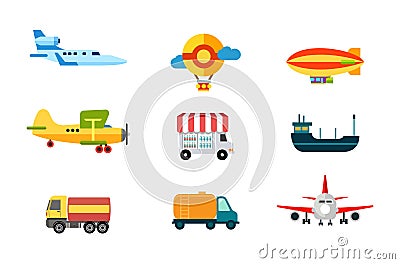 Transport icons. Air transport, river and sea transport. Ground transportation. Cargo, airship and balloon machines. vector illust Stock Photo