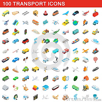 100 transport icons set, isometric 3d style Vector Illustration