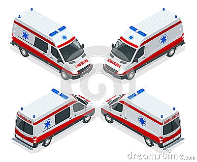 Transport isometric set Ambulance van vector illustration. Emergency medical evacuation accident. Accident Vector Illustration