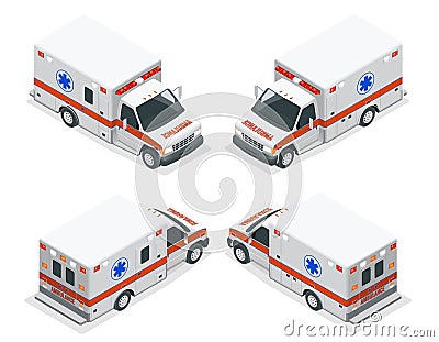 Transport isometric set Ambulance van vector illustration. Emergency medical evacuation accident. Accident Vector Illustration