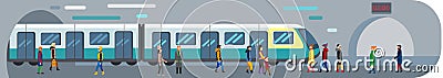Transport leaving tunnel to metro. Train for transporting passengers at underground station platform Vector Illustration