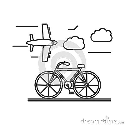 Transport line icon, bike on road and flying airplane Vector Illustration