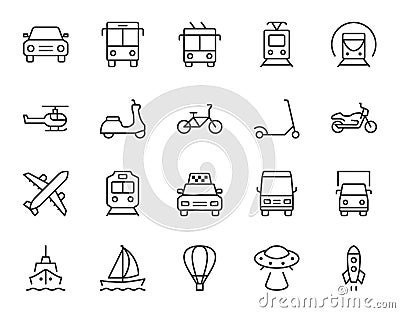 Transport line icon. Minimal vector illustration with thin outline icons as car, bus, train, bicycle, truck, motorcycle Vector Illustration