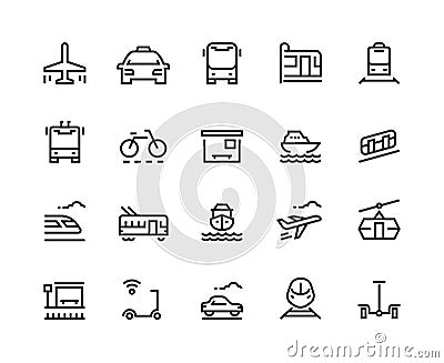 Transport line icons. Public bus car airplane train tram boat vehicle taxi service trolley city travel. Transportation Vector Illustration