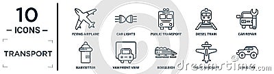 transport linear icon set. includes thin line flying airplane, public transport, car repair, van front view, light aircraft, long Vector Illustration