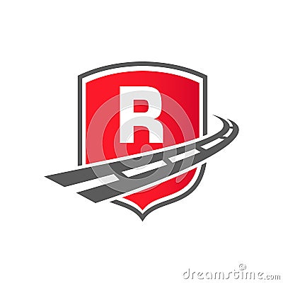 Transport Logo With Shield Concept On Letter R Concept. R Letter Transportation Road Logo Design Freight Template Vector Illustration