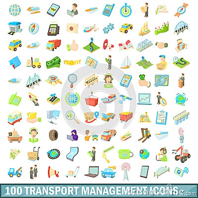 100 transport management icons set, cartoon style Vector Illustration