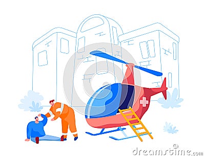 Transport for Medical Personnel Concept. Rescuer Character Help Injured Man on Street. Emergency Helicopter Vector Illustration