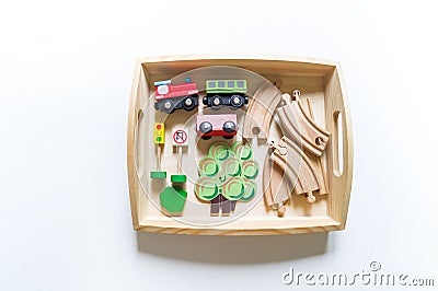 Transport montessori training. Train wooden railway Stock Photo