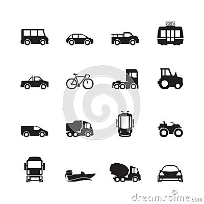 Transport pictogram. Car ship subway train yacht road symbols truck side view transport silhouette icon collection Vector Illustration