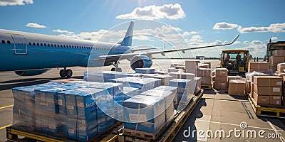 Transport plane at the airport. Workers load goods and cargo onto the plane. Cargo pallets. Air freight Stock Photo