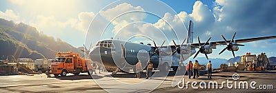 Transport plane at the airport. Workers load goods and cargo onto the plane. Cargo pallets. Air freight Stock Photo