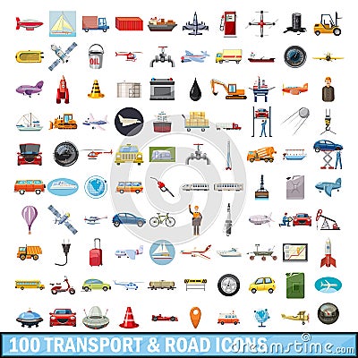 100 transport and road icons set, cartoon style Vector Illustration