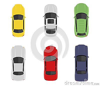 Transport set from above, top view. Cute cartoon cars with shadows. Modern urban civilian vehicles collection. Simple icon or logo Vector Illustration