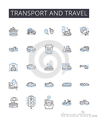 Transport and travel line icons collection. Commute, Voyage, Mobility, Pilgrimage, Transfer, Excursion, Expedition Vector Illustration