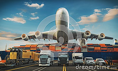 Transport trucks of various sizes ready to ship With a transport plane Cartoon Illustration