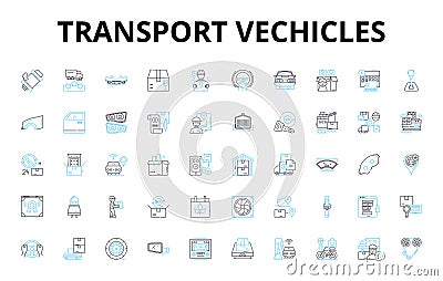 Transport vechicles linear icons set. Automobiles, Buses, Cars, Cycles, Delivery, Electric, Fleet vector symbols and Vector Illustration