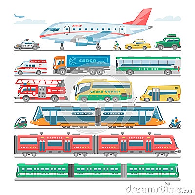 Transport vector public transportable bus or vehicle and plane or train illustration bicycle for transportation in city Vector Illustration