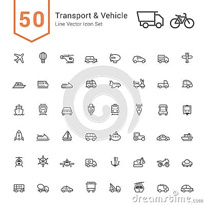 Transport & Vehicle Icon Set. 50 Line Vector Icons. Vector Illustration