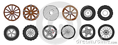 Transport wheels. Doodle car motorcycle and bicycle tires. Different auto rims and tyre types. Ancient cartwheels. Wooden metal Vector Illustration