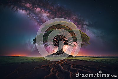 Otherworldly Arboreal Oasis: HD Wallpaper Showcasing Rooted Tree in Cosmic Ambiance Stock Photo