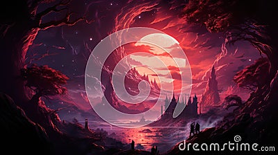Transport yourself to a realm of epic fantasy with an album cover-style artwork featuring a majestic red dragon against a Stock Photo