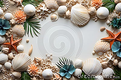 Frame made of seashells and palm leaves on white background, top view copy space Stock Photo