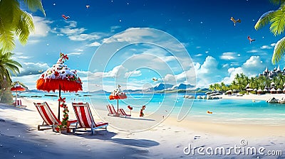 Transport yourself to a warm and sunny Christmas Day on a beach, generative ai Stock Photo