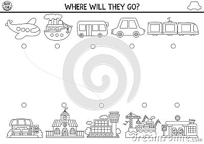 Transportation black and white matching activity with cute plane, bus, ship, train and places they go. City transport line puzzle Vector Illustration