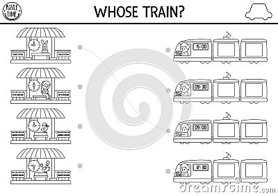 Transportation black and white matching activity with cute train, passengers, station and time. Line city transport puzzle. Match Vector Illustration