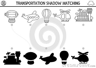 Transportation black and white shadow matching activity. Air transport line puzzle with zeppelin, plane, helicopter, airport. Find Vector Illustration