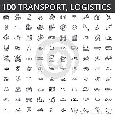 Transportation, car, logistics, vehicle, public transport, bus, tram, ship, shipping, auto service, truck line icons Vector Illustration