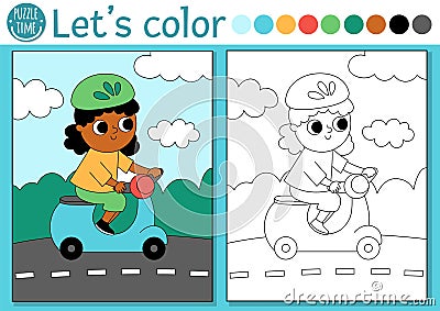 Transportation coloring page for children with girl on a scooter. Vector water transport outline illustration. Color book for kids Vector Illustration