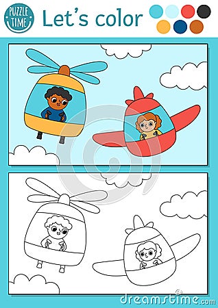 Transportation coloring page for children with plane, helicopter, pilots. Vector water transport outline illustration. Color book Vector Illustration