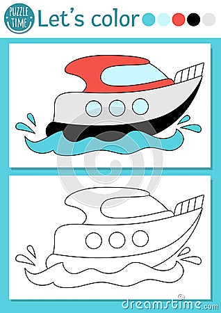 Transportation coloring page for children with speedboat. Vector water transport outline illustration with cute boat. Color book Vector Illustration