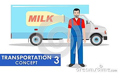 Transportation concept. Detailed illustration of milk truck and driver Vector Illustration