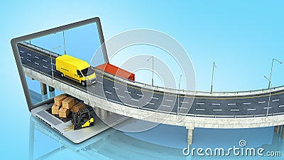 Transportation concept road from the laptop on the road going truck there are boxes and a loader on the laptop 3d render on blue Stock Photo