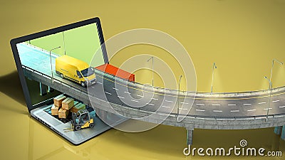 Transportation concept road from the laptop on the road going truck there are boxes and a loader on the laptop 3d render on color Stock Photo