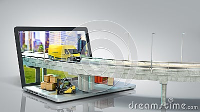 Transportation concept road from the laptop on the road going truck there are boxes and a loader on the laptop 3d render on grey Stock Photo