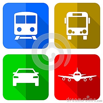 Transportation concept vector icons, set of train, bus, car and airplane symbols in eps 10 Vector Illustration