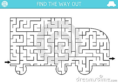 Transportation geometrical maze for kids. Preschool printable activity shaped as truck. Simple city transport labyrinth game or Vector Illustration