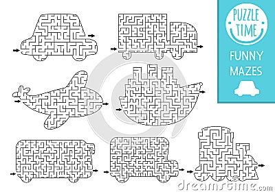 Transportation geometrical maze set for kids. Preschool printable activity shaped as car, truck, plane, ship, bus. Water, air, Vector Illustration